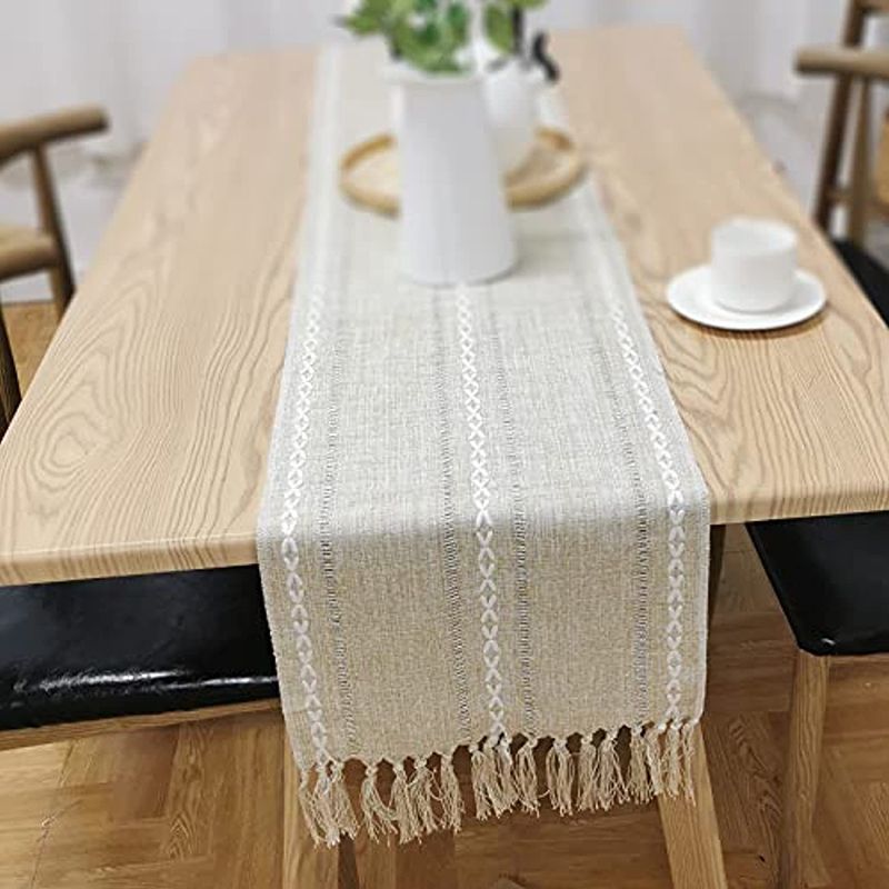 Retro Table Runner Elegant Hand Woven Cotton Linen Dining Table Runner with Tassels for Wedding Home Cross Yellow - Image 1