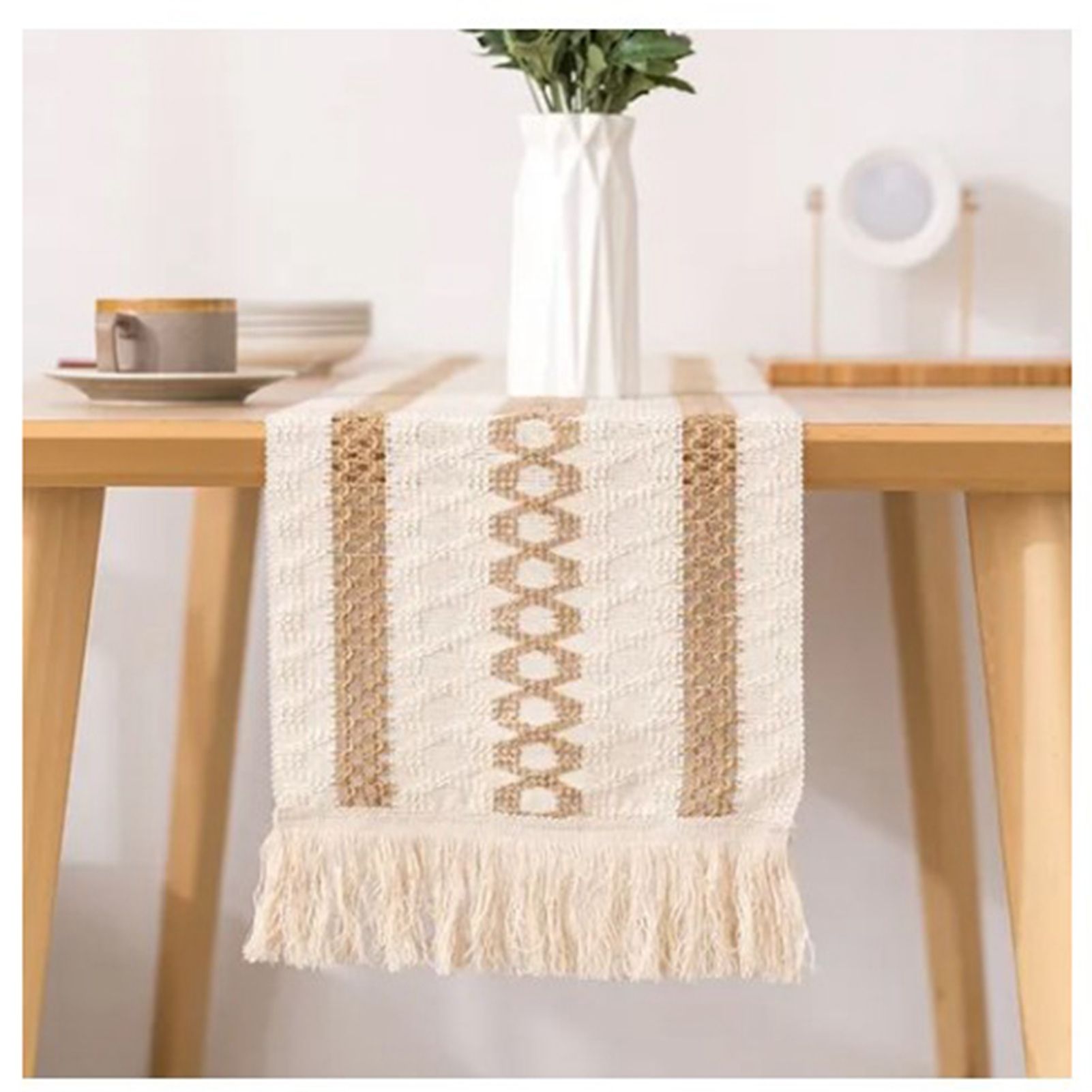 Table Runner Cotton Linen Splicing Wedding Party Table Runner with Tassels Wedding Party Decoration 30x180cm - Image 1