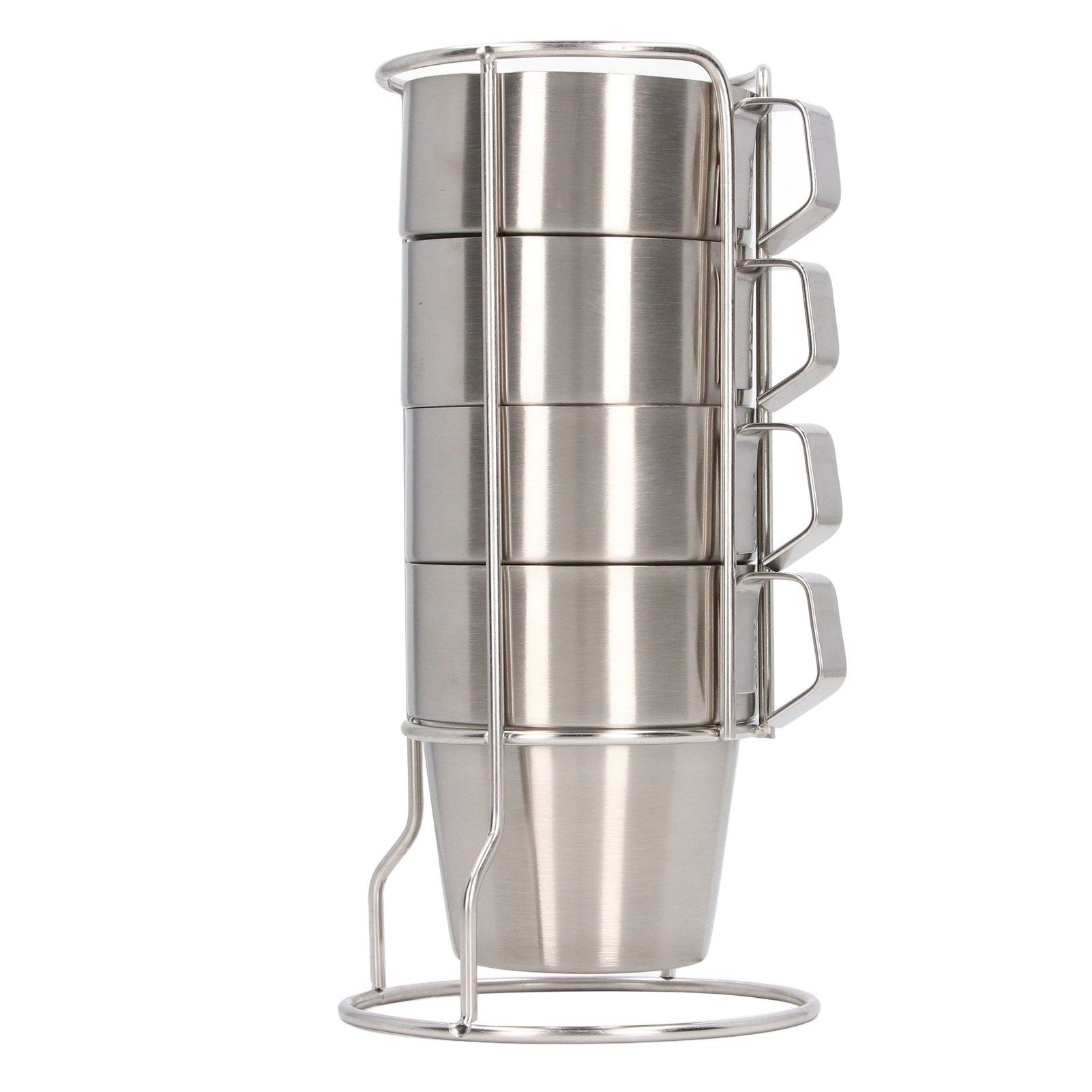 Stainless Steel Camping Cup Set of 4 Double Layer Coffee Mugs with Stand Holder Stackable Outdoor Cups for Picnic - Image 1
