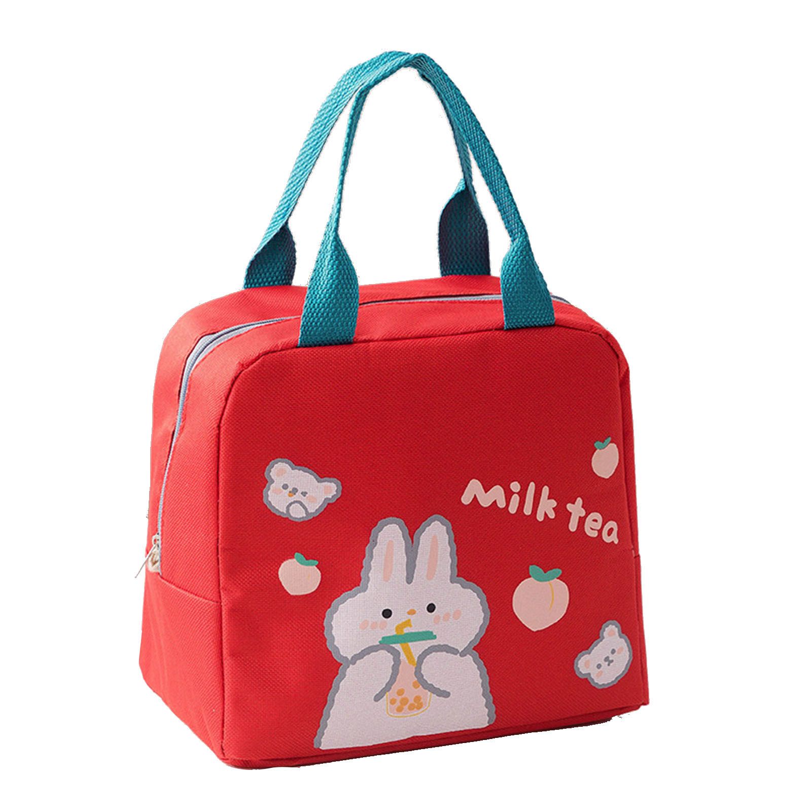 Lunch Bag Cartoon Style Zipper Widened Handle Oxford Cloth Aluminum Film Portable Lunchbox Bag for Student Red - Image 1