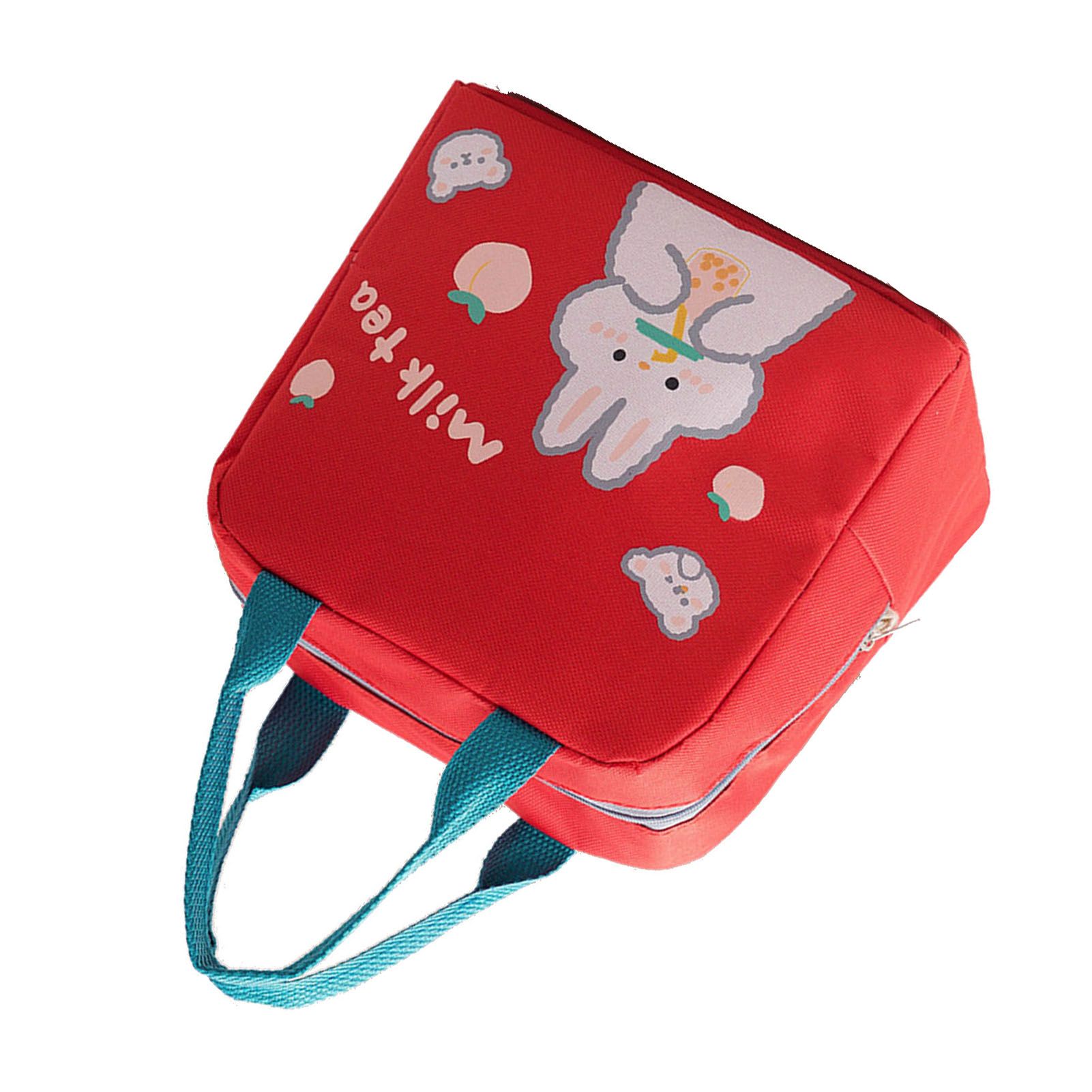 Lunch Bag Cartoon Style Zipper Widened Handle Oxford Cloth Aluminum Film Portable Lunchbox Bag for Student Red - Image 2