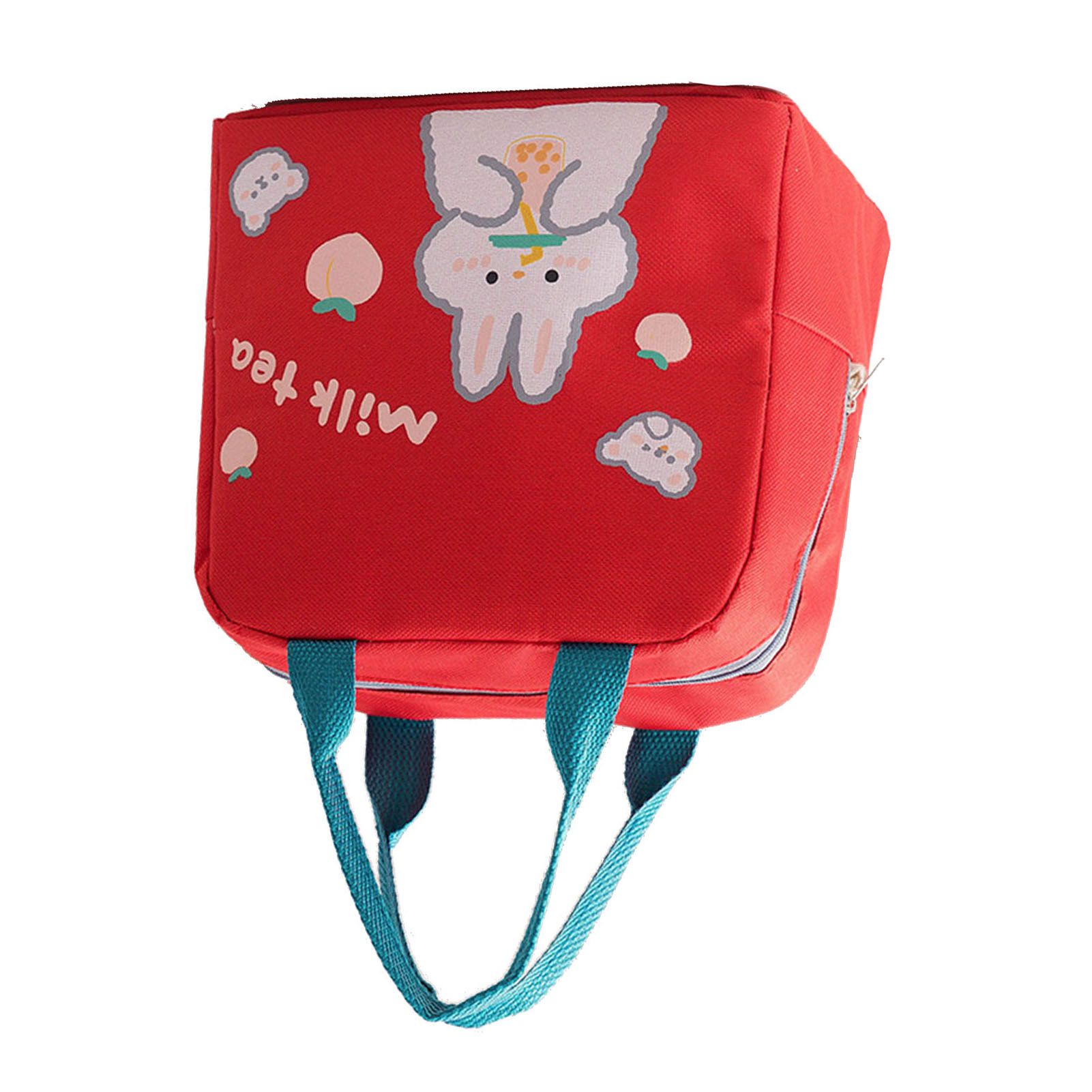 Lunch Bag Cartoon Style Zipper Widened Handle Oxford Cloth Aluminum Film Portable Lunchbox Bag for Student Red - Image 3