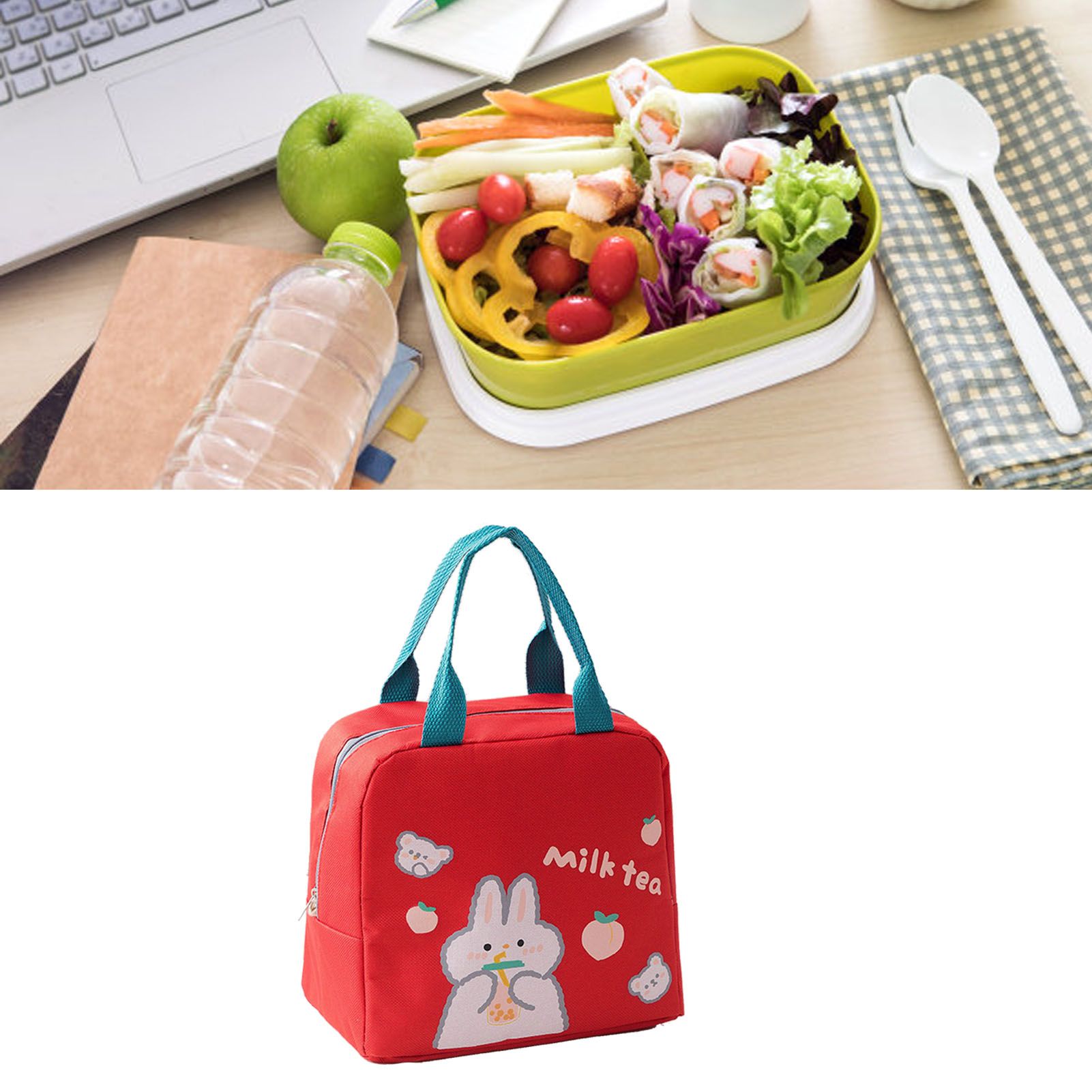 Lunch Bag Cartoon Style Zipper Widened Handle Oxford Cloth Aluminum Film Portable Lunchbox Bag for Student Red - Image 5