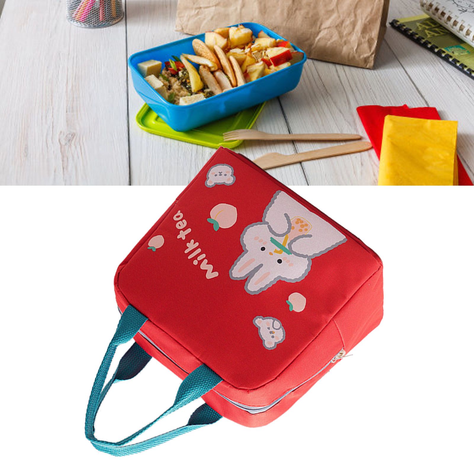 Lunch Bag Cartoon Style Zipper Widened Handle Oxford Cloth Aluminum Film Portable Lunchbox Bag for Student Red - Image 6