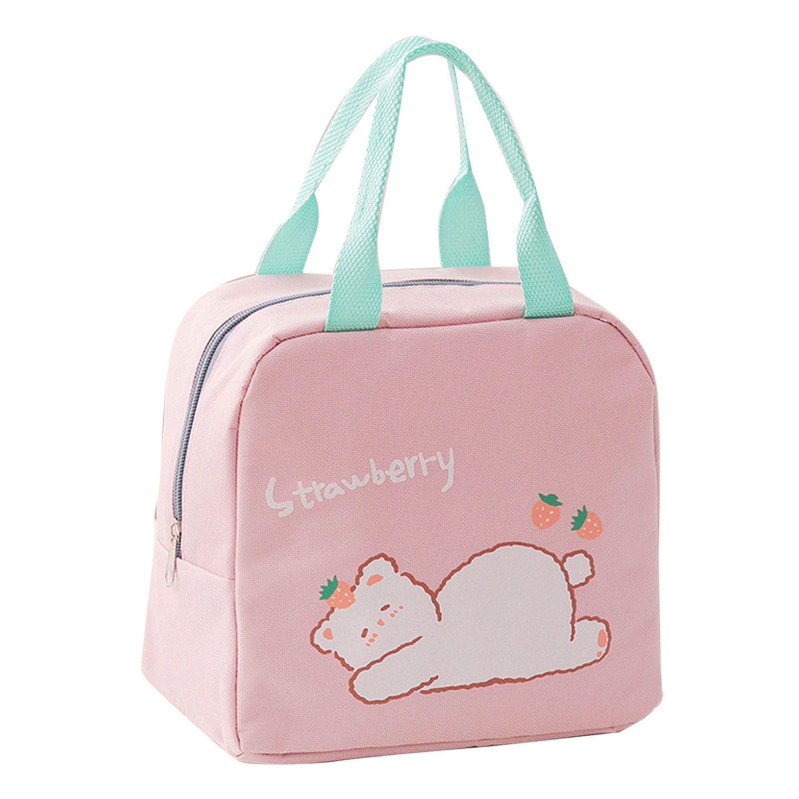 Lunch Bag Cartoon Style Zipper Widened Handle Oxford Cloth Aluminum Film Portable Lunchbox Bag for Student Pink - Image 1