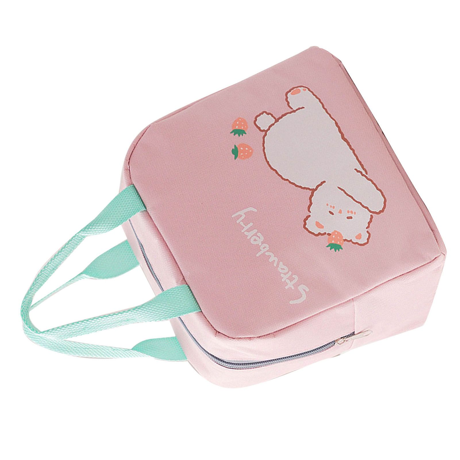 Lunch Bag Cartoon Style Zipper Widened Handle Oxford Cloth Aluminum Film Portable Lunchbox Bag for Student Pink - Image 2