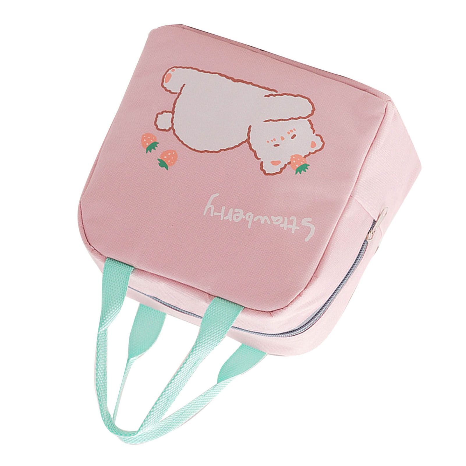 Lunch Bag Cartoon Style Zipper Widened Handle Oxford Cloth Aluminum Film Portable Lunchbox Bag for Student Pink - Image 3
