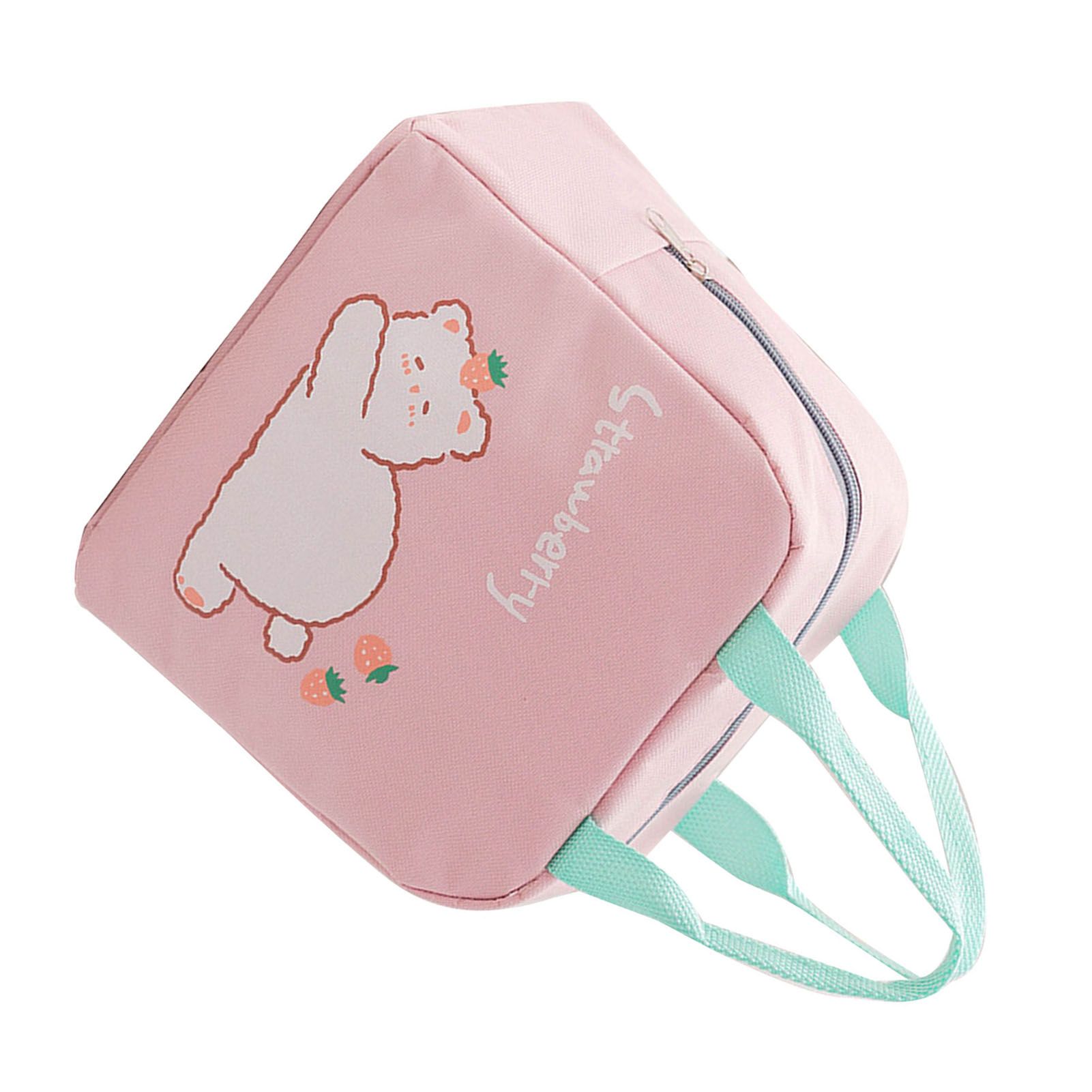 Lunch Bag Cartoon Style Zipper Widened Handle Oxford Cloth Aluminum Film Portable Lunchbox Bag for Student Pink - Image 4