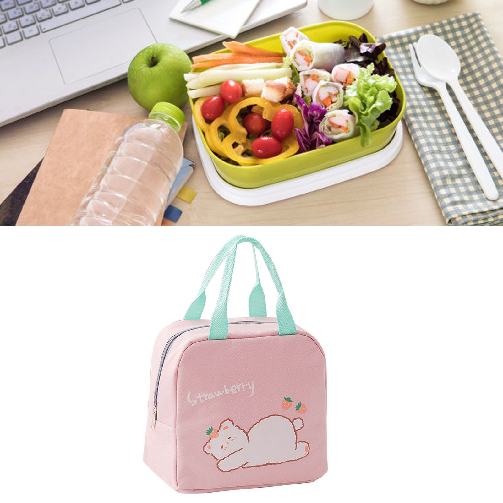 Lunch Bag Cartoon Style Zipper Widened Handle Oxford Cloth Aluminum Film Portable Lunchbox Bag for Student Pink - Image 5