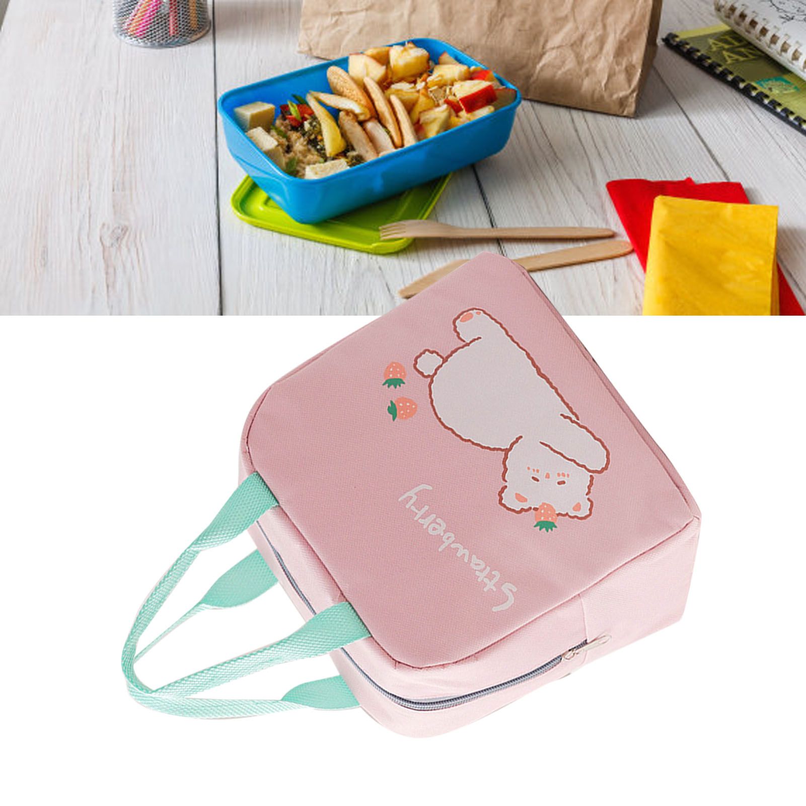 Lunch Bag Cartoon Style Zipper Widened Handle Oxford Cloth Aluminum Film Portable Lunchbox Bag for Student Pink - Image 6