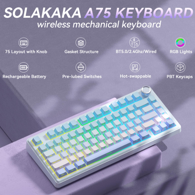 Solakaka A75 3-Mode RGB Mechanical Keyboard, Hot-Swappable Greywood V3 Switch,Blue‑Purple - Image 2