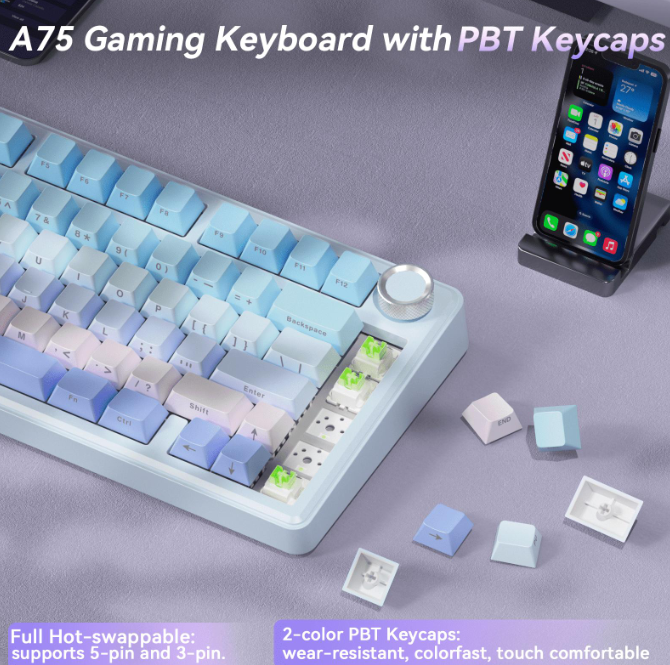 Solakaka A75 3-Mode RGB Mechanical Keyboard, Hot-Swappable Greywood V3 Switch,Blue‑Purple - Image 3