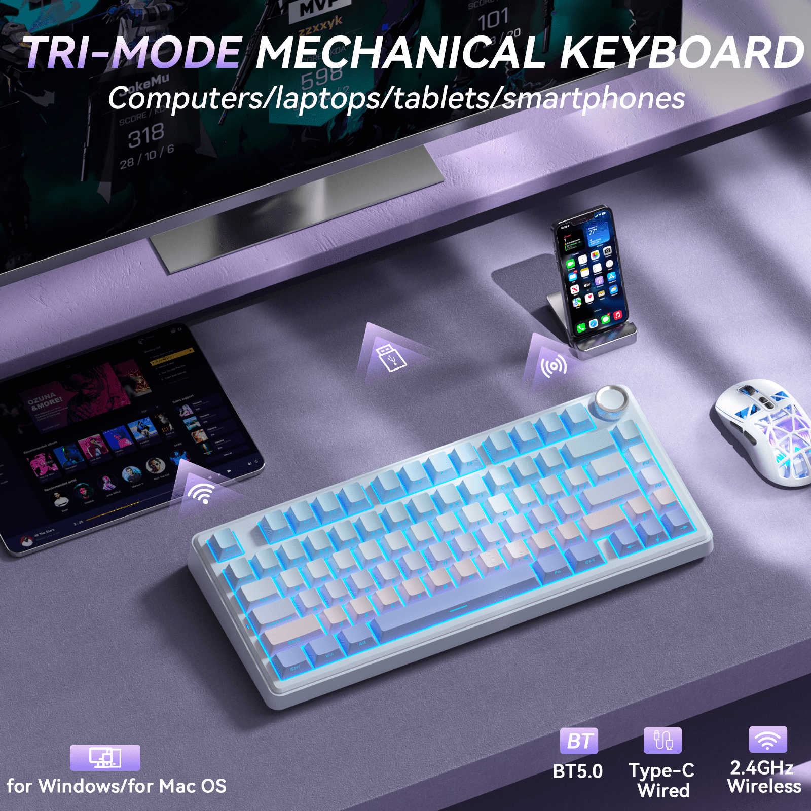 Solakaka A75 3-Mode RGB Mechanical Keyboard, Hot-Swappable Greywood V3 Switch,Blue‑Purple - Image 4