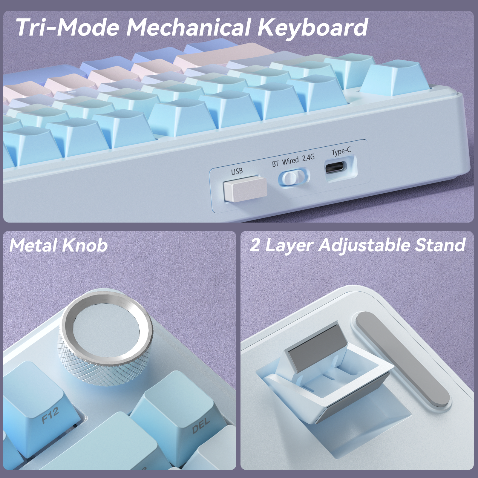 Solakaka A75 3-Mode RGB Mechanical Keyboard, Hot-Swappable Greywood V3 Switch,Blue‑Purple - Image 8