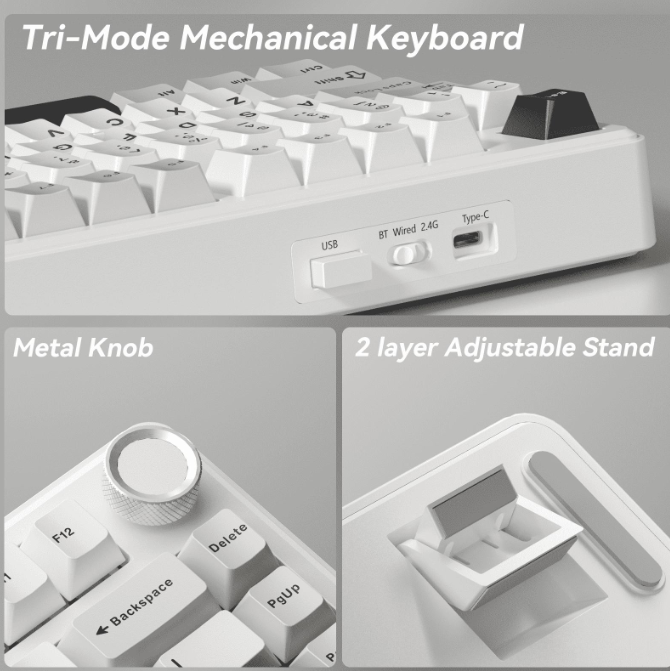 Solakaka A75 3-Mode RGB Mechanical Keyboard, Hot-Swappable Greywood V3 Switch,White-Gray - Image 2