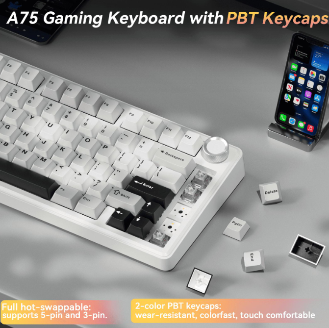 Solakaka A75 3-Mode RGB Mechanical Keyboard, Hot-Swappable Greywood V3 Switch,White-Gray - Image 3
