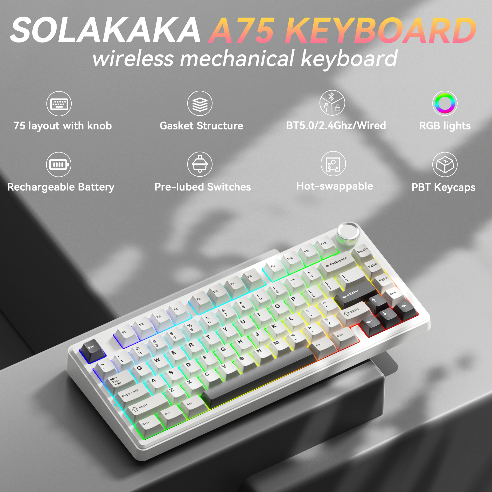 Solakaka A75 3-Mode RGB Mechanical Keyboard, Hot-Swappable Greywood V3 Switch,White-Gray - Image 4