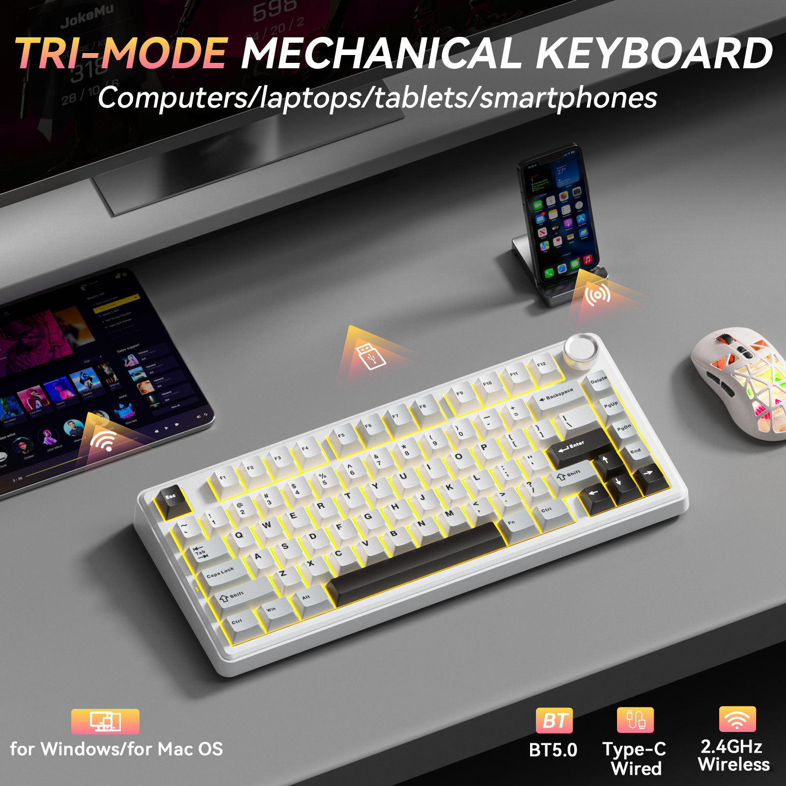 Solakaka A75 3-Mode RGB Mechanical Keyboard, Hot-Swappable Greywood V3 Switch,White-Gray - Image 5
