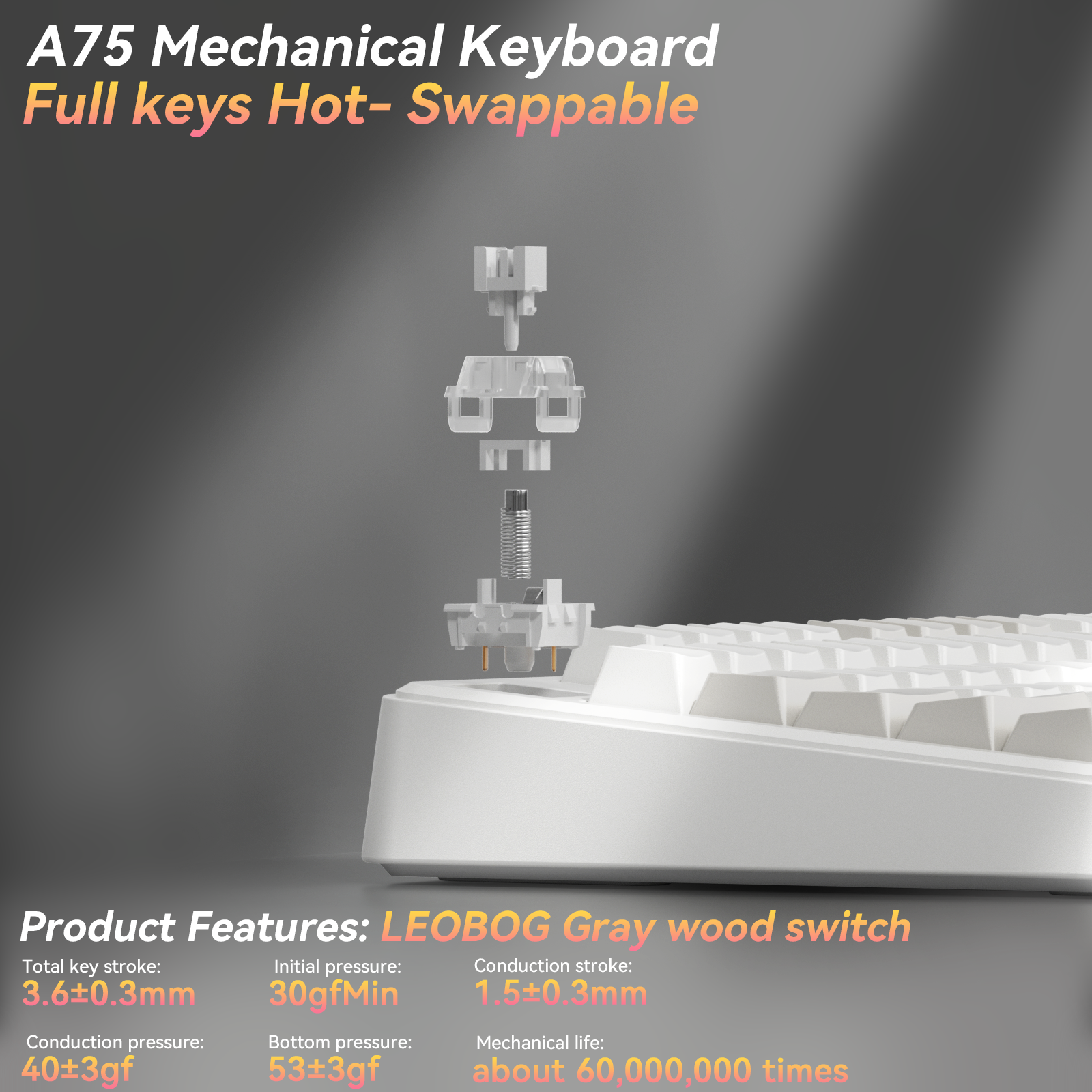 Solakaka A75 3-Mode RGB Mechanical Keyboard, Hot-Swappable Greywood V3 Switch,White-Gray - Image 7