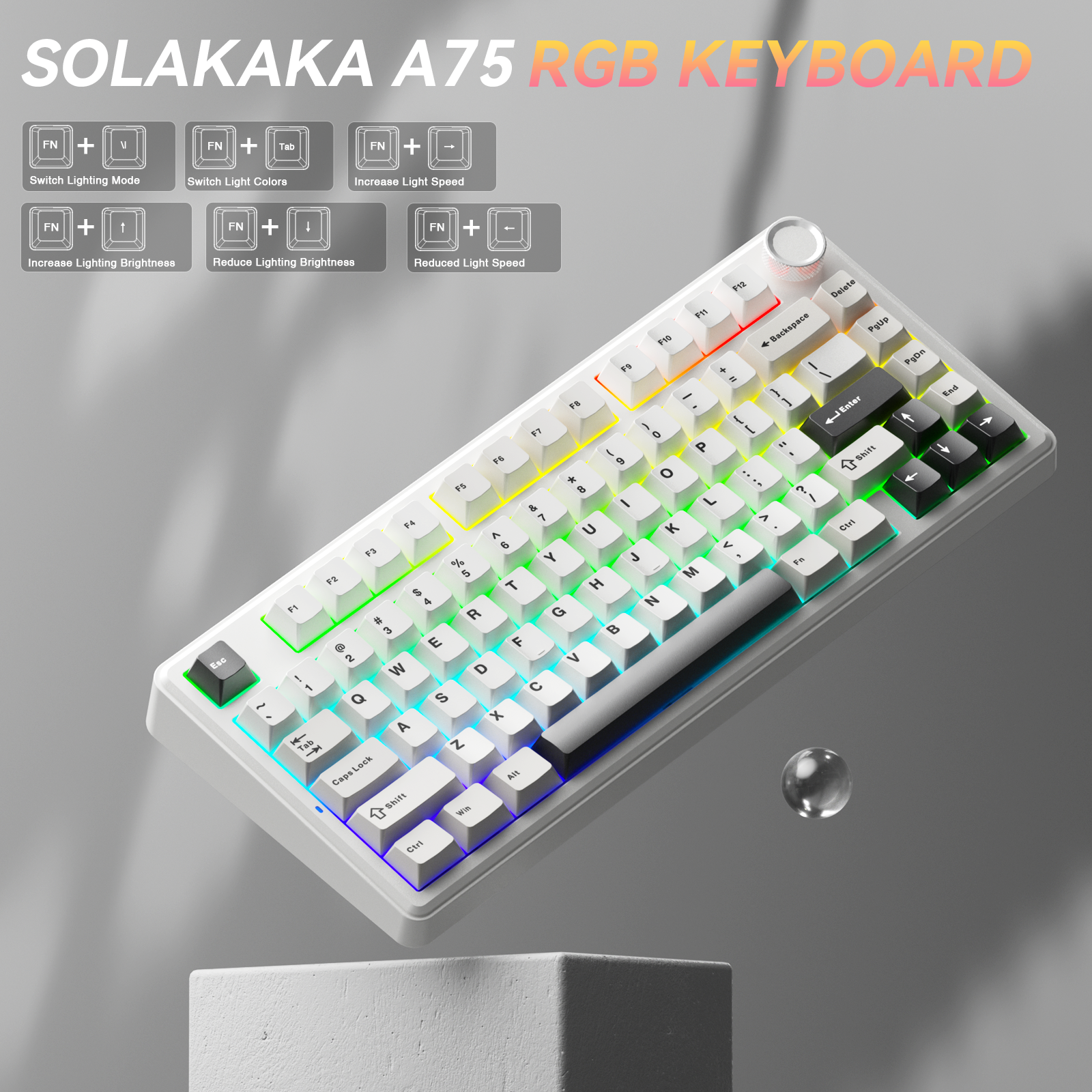 Solakaka A75 3-Mode RGB Mechanical Keyboard, Hot-Swappable Greywood V3 Switch,White-Gray - Image 8