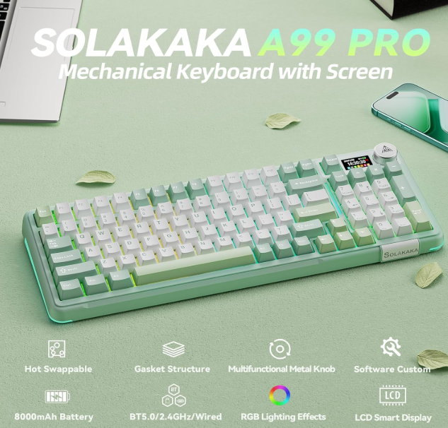 Solakaka A99PRO 3‑Mode RGB Mechanical Keyboard, Hot‑Swappable Sagittarius Switch,White‑Green - Image 2