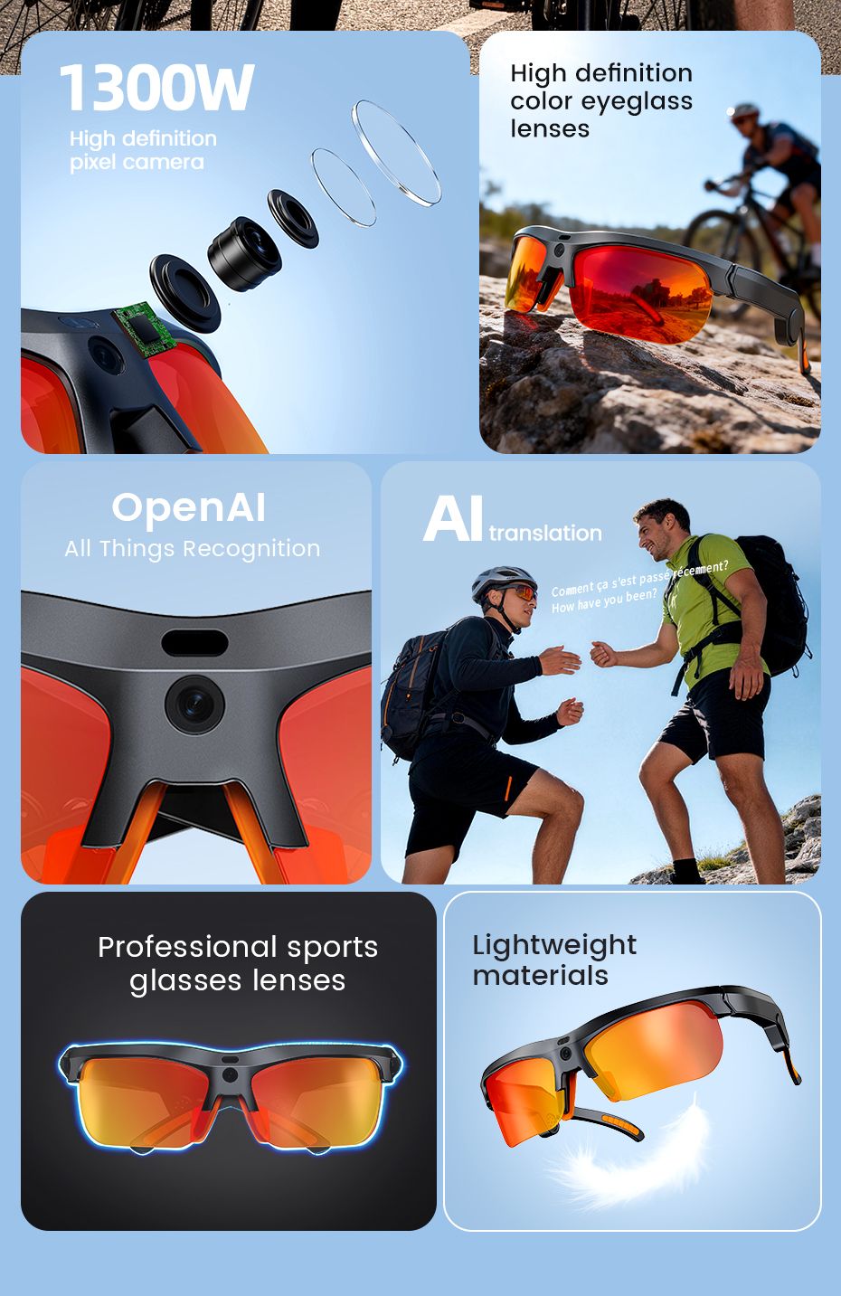 E08 Smart Bluetooth Cycling Sunglasses with Camera, UV400 Outdoor Sports Glasses，orange - Image 6