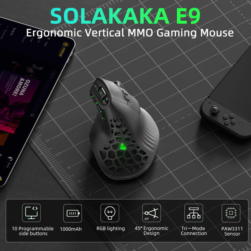 Solakaka E9 3 Mode Vertical Ergonomic Mouse, Bluetooth 5.3 USB 2.4G Wired Tri-Mode Rechargeable Wireless Vertical Mouse,black - Image 2