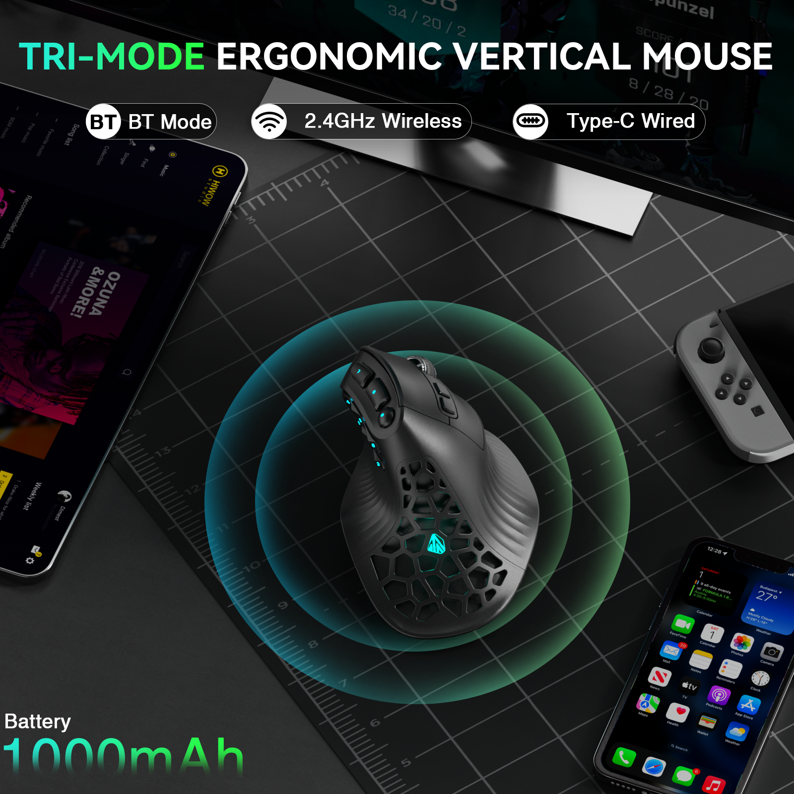 Solakaka E9 3 Mode Vertical Ergonomic Mouse, Bluetooth 5.3 USB 2.4G Wired Tri-Mode Rechargeable Wireless Vertical Mouse,black - Image 4