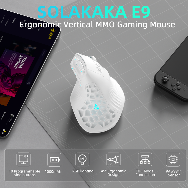 Solakaka E9 3 Mode Vertical Ergonomic Mouse, Bluetooth 5.3 USB 2.4G Wired Tri-Mode Rechargeable Wireless Vertical Mouse,white - Image 2