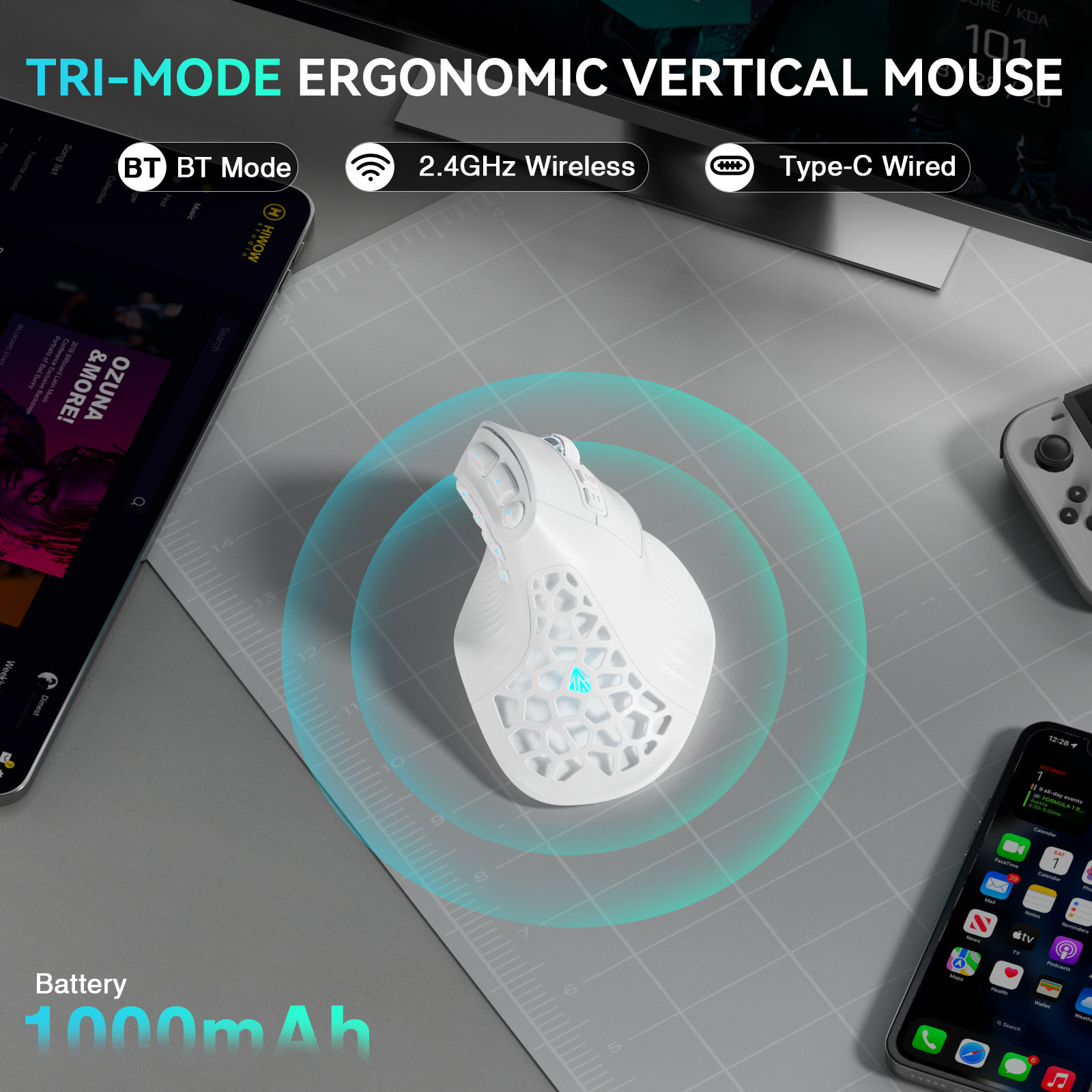 Solakaka E9 3 Mode Vertical Ergonomic Mouse, Bluetooth 5.3 USB 2.4G Wired Tri-Mode Rechargeable Wireless Vertical Mouse,white - Image 4