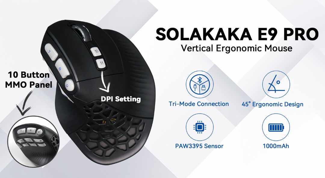 Solakaka E9PRO Tri‑Mode Vertical Ergonomic MMO Gaming Mouse, 10 Programmable Side Buttons, RGB Backlit Rechargeable Wireless Mouse,Black-Gray - Image 2