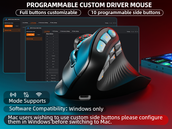 Solakaka E9PRO Tri‑Mode Vertical Ergonomic MMO Gaming Mouse, 10 Programmable Side Buttons, RGB Backlit Rechargeable Wireless Mouse,Black-Gray - Image 5