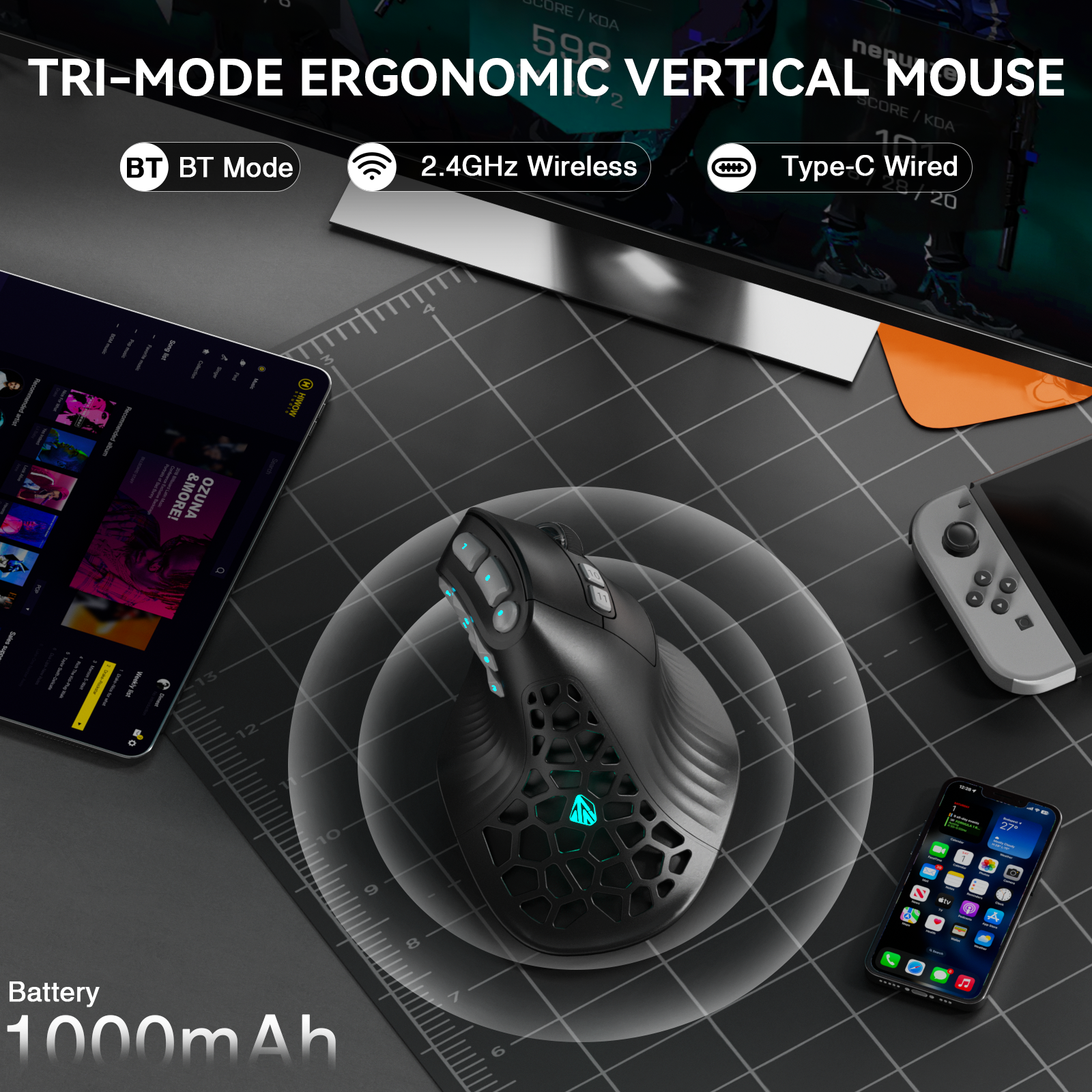 Solakaka E9PRO Tri‑Mode Vertical Ergonomic MMO Gaming Mouse, 10 Programmable Side Buttons, RGB Backlit Rechargeable Wireless Mouse,Black-Gray - Image 7