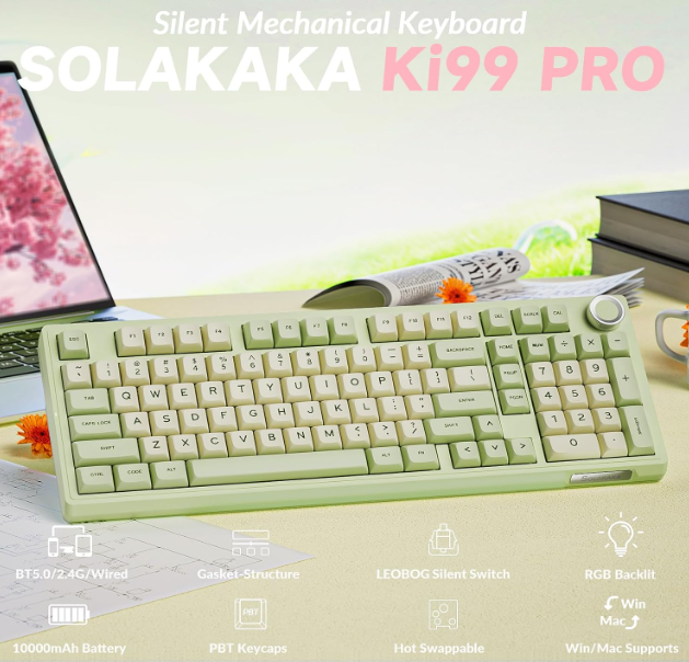 Solakaka Ki99pro 3‑Mode RGB Mechanical Keyboard,  Avocado-Green - Image 2