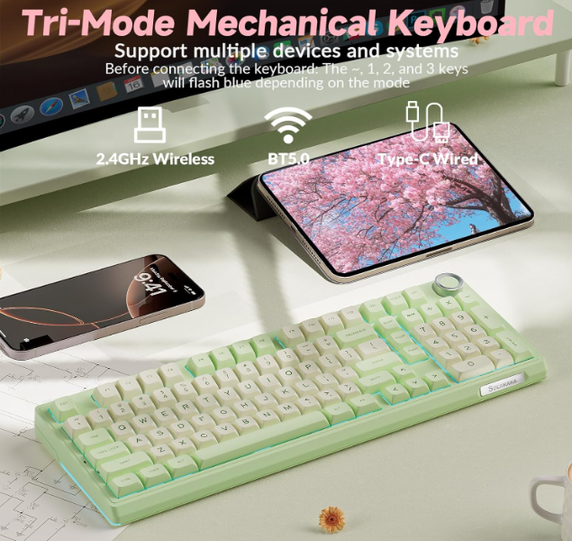 Solakaka Ki99pro 3‑Mode RGB Mechanical Keyboard,  Avocado-Green - Image 3