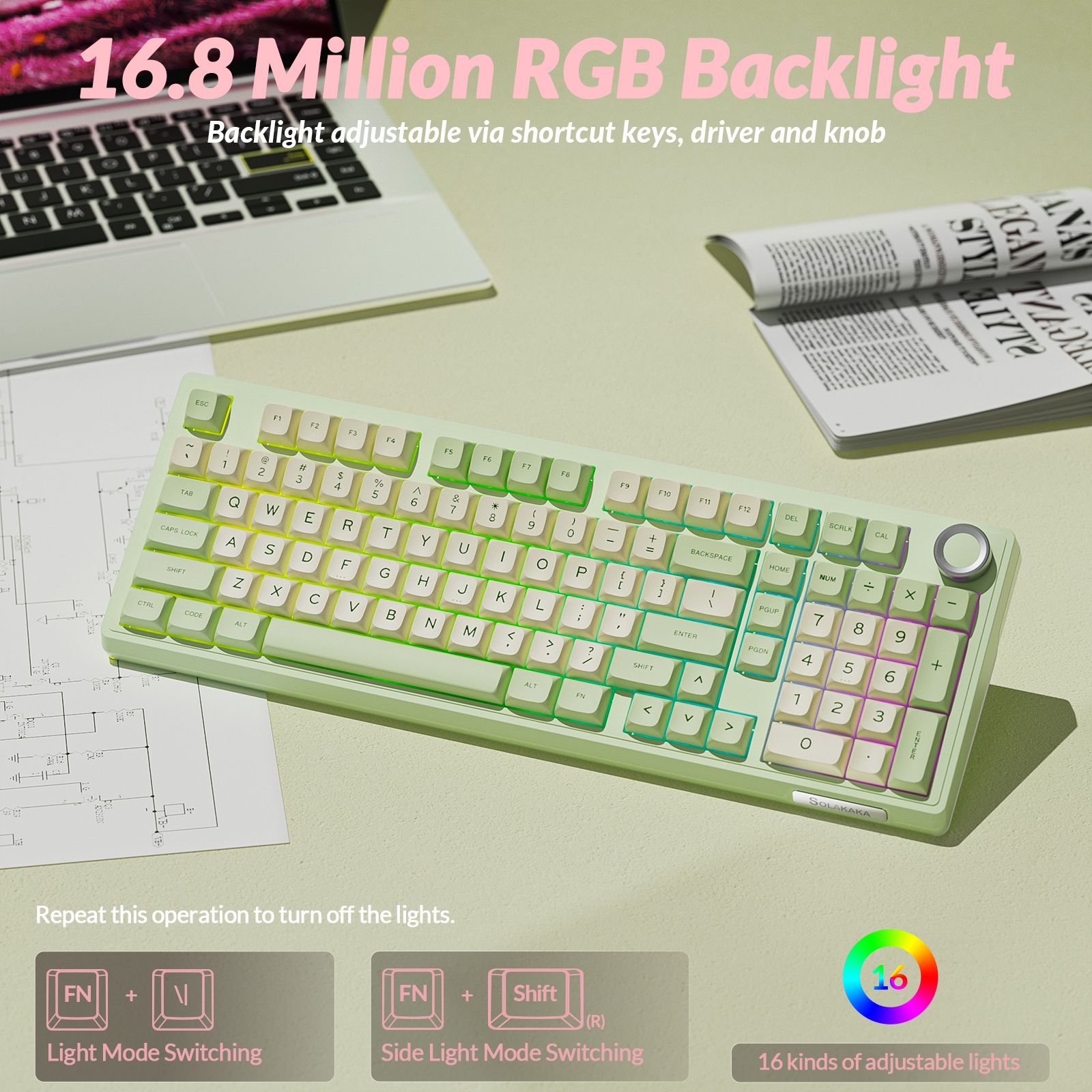 Solakaka Ki99pro 3‑Mode RGB Mechanical Keyboard,  Avocado-Green - Image 7