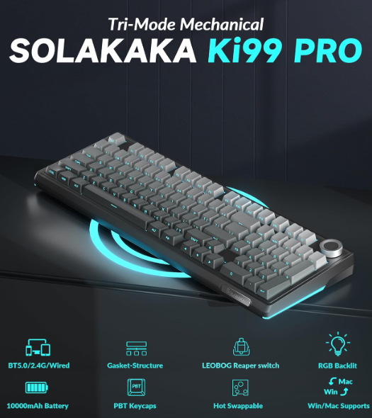 Solakaka Ki99pro 3‑Mode RGB Mechanical Keyboard,  Gradient-Gray - Image 2
