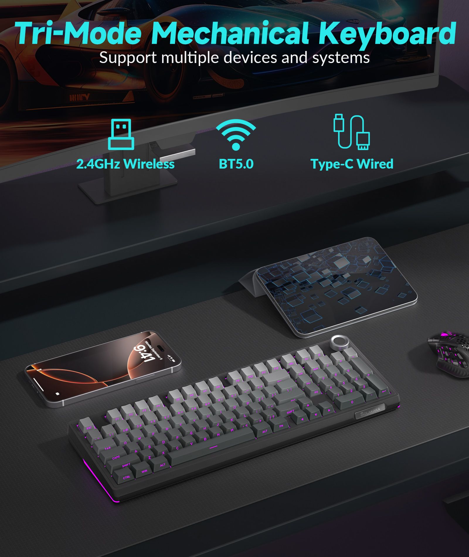 Solakaka Ki99pro 3‑Mode RGB Mechanical Keyboard,  Gradient-Gray - Image 4