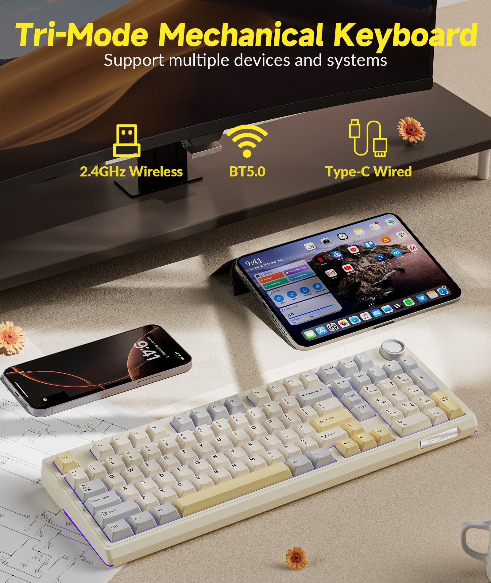 Solakaka Ki99pro 3‑Mode RGB Mechanical Keyboard,  Orange-White - Image 4