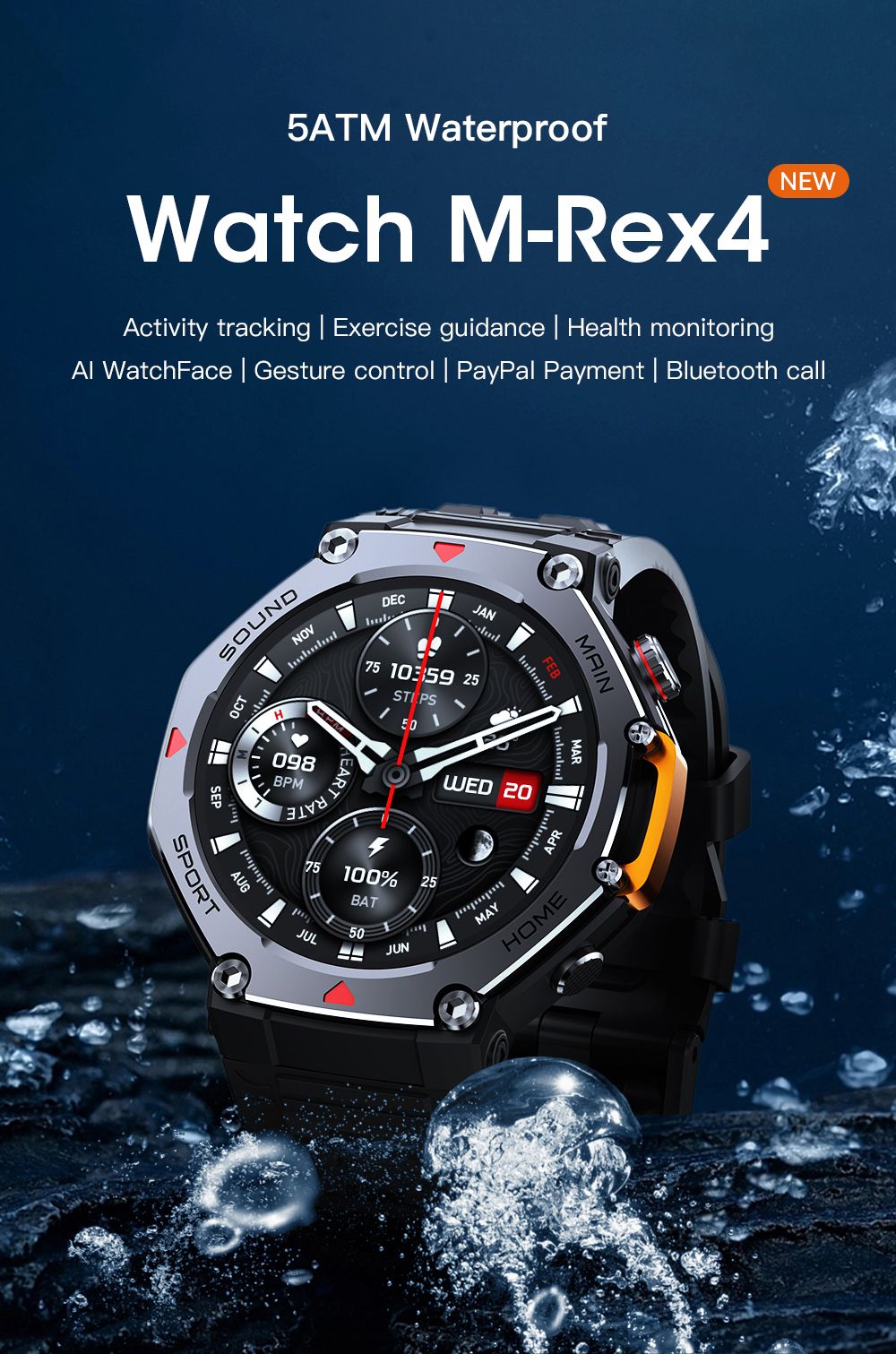 M-Rex4 Men Rugged GPS Smart Watch, 5ATM Waterproof Bluetooth Call Fitness Tracker Heart Rate Sleep Monitor，black - Image 5