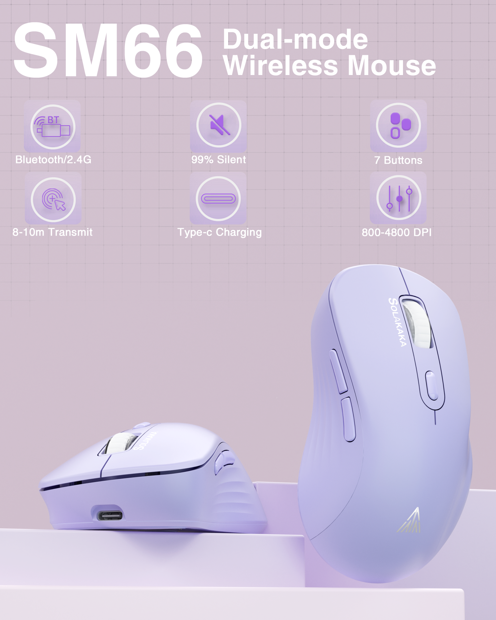 SM68 Dual Mode Wireless Gaming Mouse, Rechargeable RGB Ergonomic Mice with Adjustable DPI ,purple - Image 4