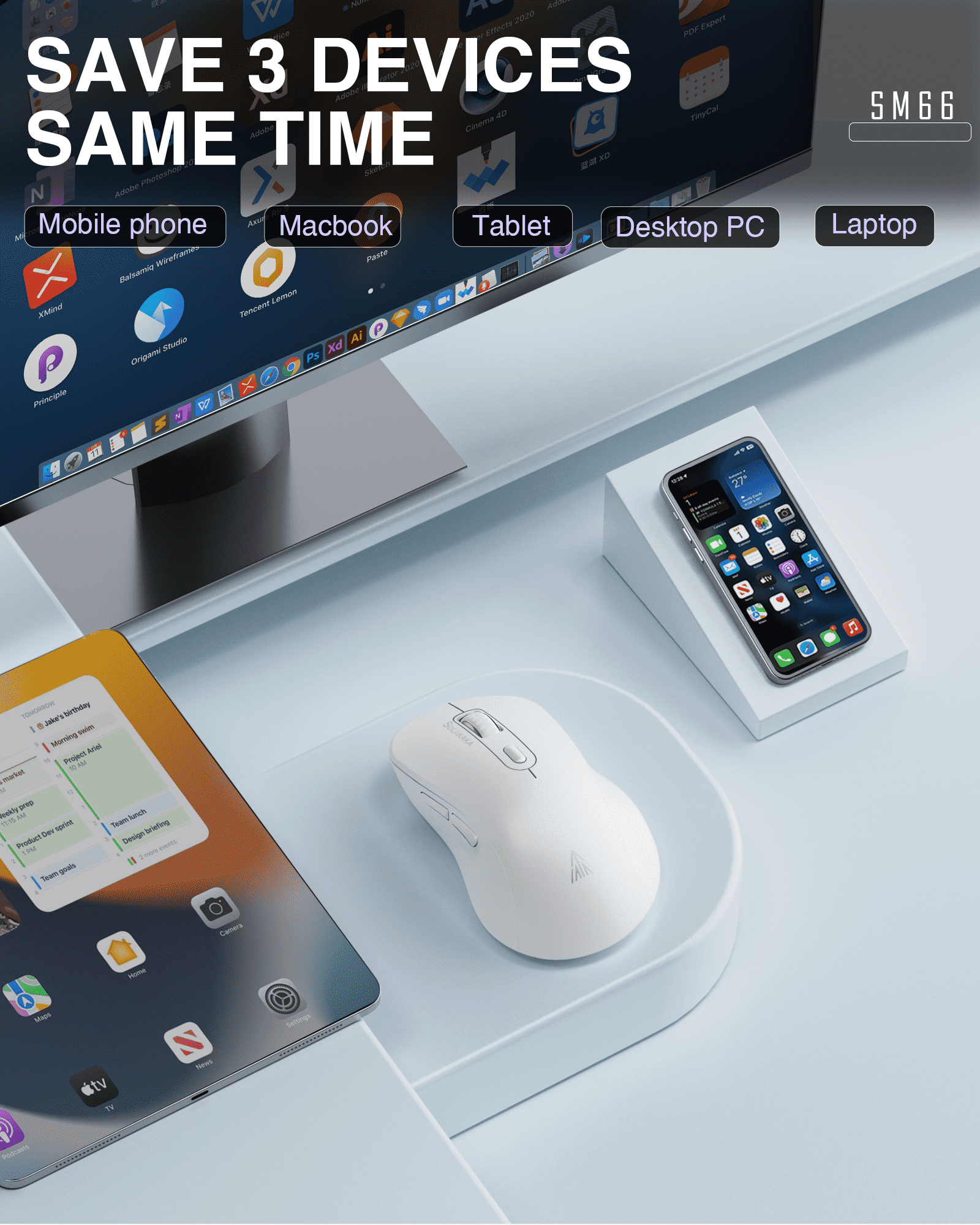 SM66 Dual Mode Wireless Gaming Mouse, Rechargeable RGB Ergonomic Mice with Adjustable DPI ,white - Image 4