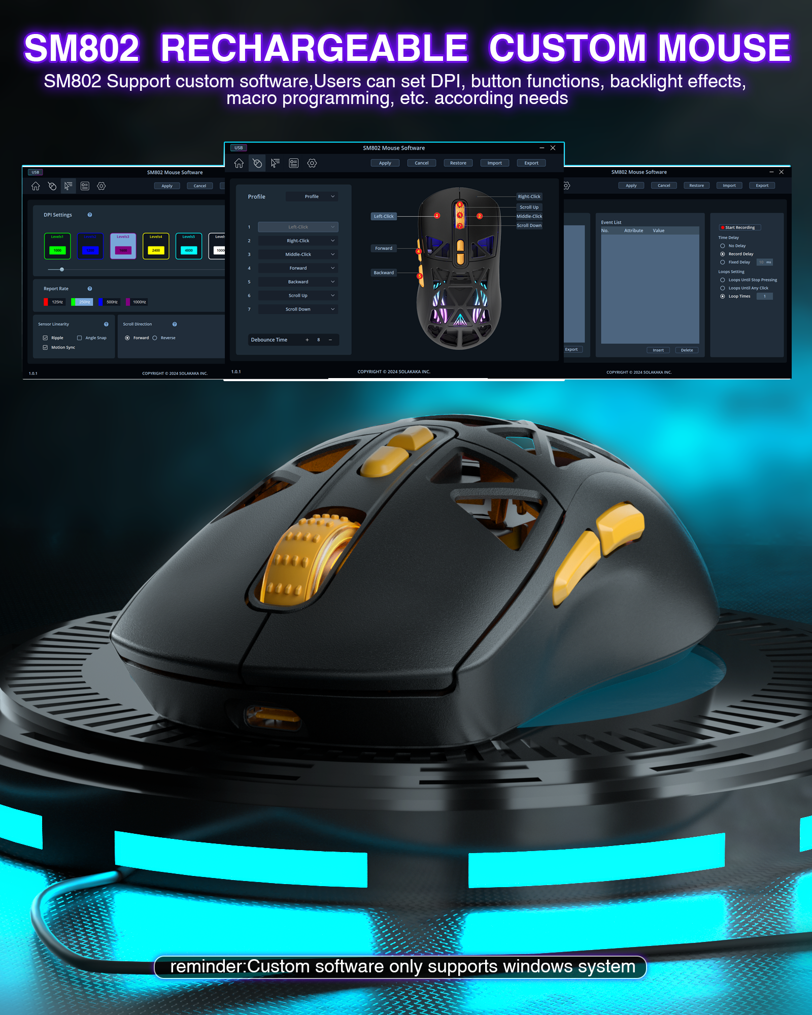SM802 Tri‑Mode Gaming Mouse, Adjustable DPI, RGB Backlight, Ergonomic Wireless Mouse,black - Image 6