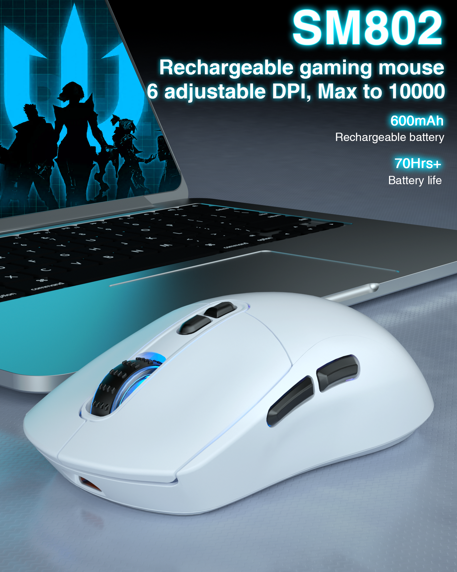 SM802 Tri‑Mode Gaming Mouse, Adjustable DPI, RGB Backlight, Ergonomic Wireless Mouse,white - Image 4