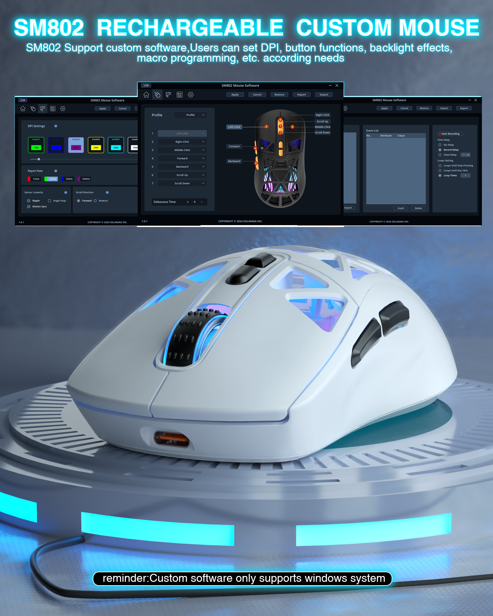 SM802 Tri‑Mode Gaming Mouse, Adjustable DPI, RGB Backlight, Ergonomic Wireless Mouse,white - Image 6