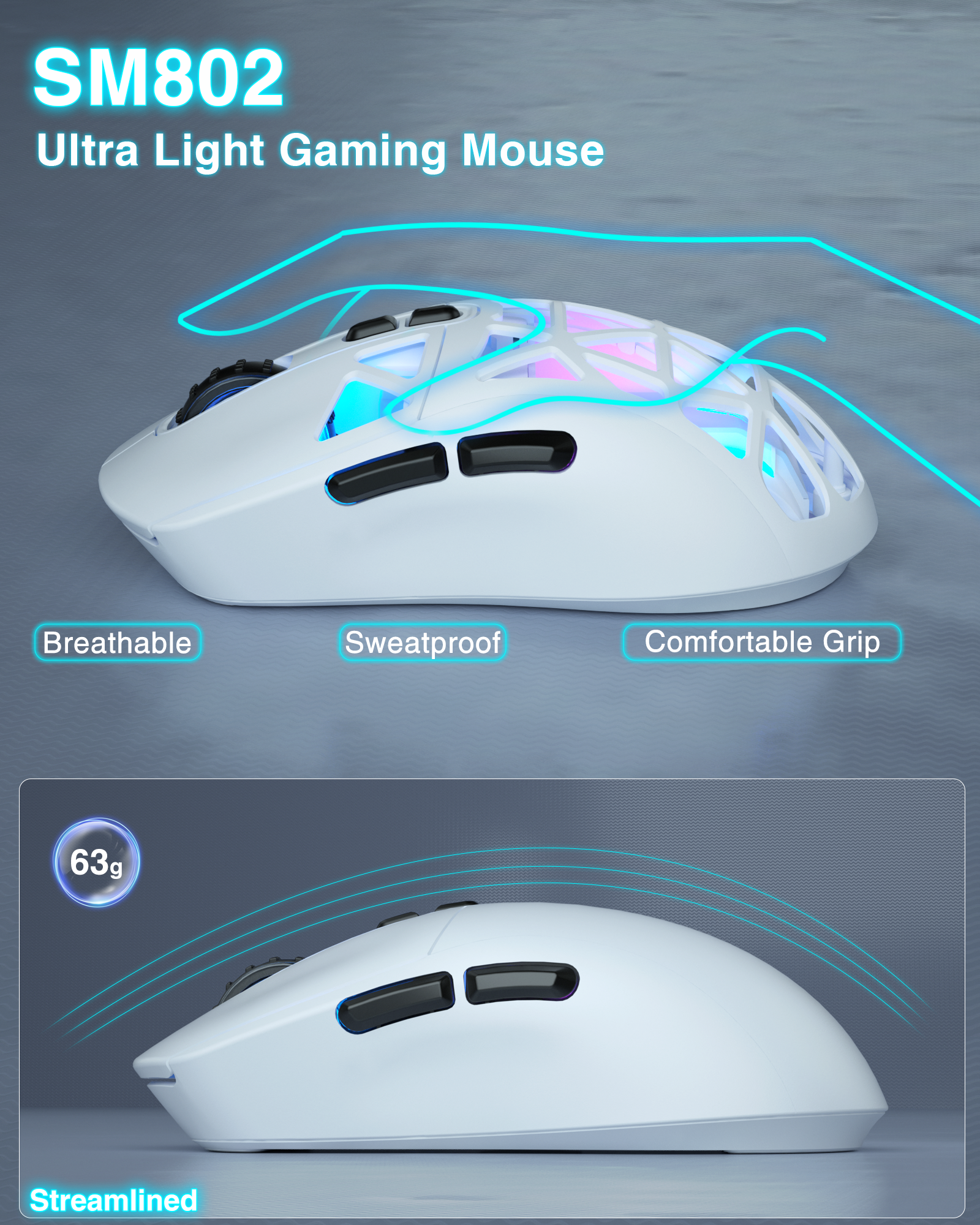 SM802 Tri‑Mode Gaming Mouse, Adjustable DPI, RGB Backlight, Ergonomic Wireless Mouse,white - Image 8