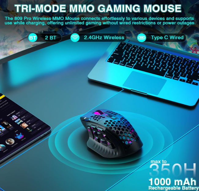 SM809pro Tri-Mode MM0 Wireless Gaming Mouse, Adjustable DPI RGB Backlight,black - Image 2