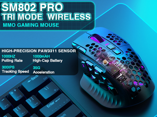 SM809pro Tri-Mode MM0 Wireless Gaming Mouse, Adjustable DPI RGB Backlight,black - Image 5
