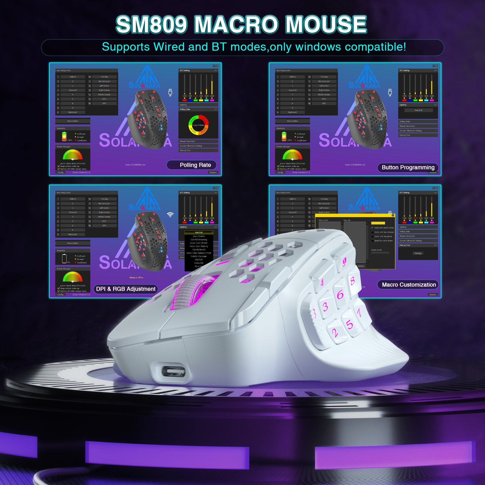 SM809pro Tri-Mode MM0 Wireless Gaming Mouse, Adjustable DPI RGB Backlight,white - Image 4