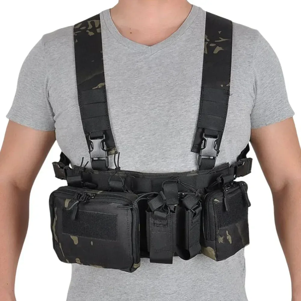Tactical Chest Vest Rig Bag Field Training Vest Multifunctional Camouflage Strap with Multi-Pocket Outdoor Camping CS Match Pack - Black - Image 2